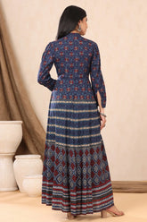 Indigo Ethnic Motif Printed & Embroidered Rayon Maxi Dress-2909INDIGO